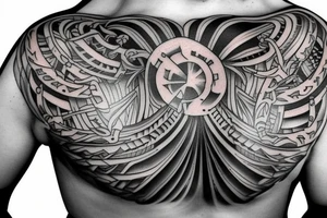 Round armor crest on the chest tattoo idea