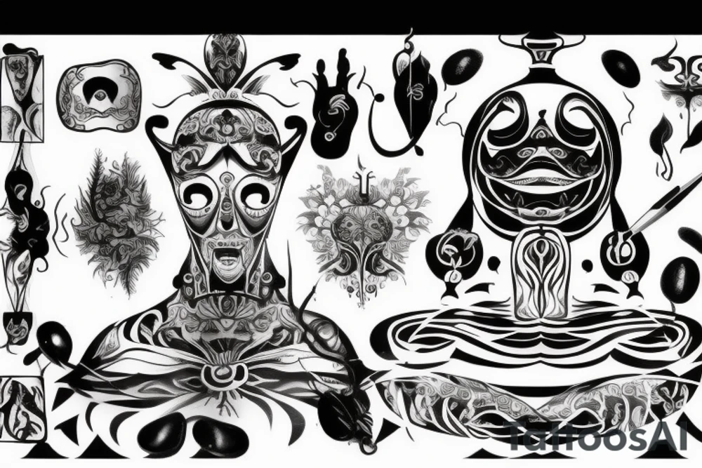 create a tattoo showing the thoery of duality and illusion in which someone is looking into a mirror or a water body and seeing something that is not themselves in the reflection tattoo idea