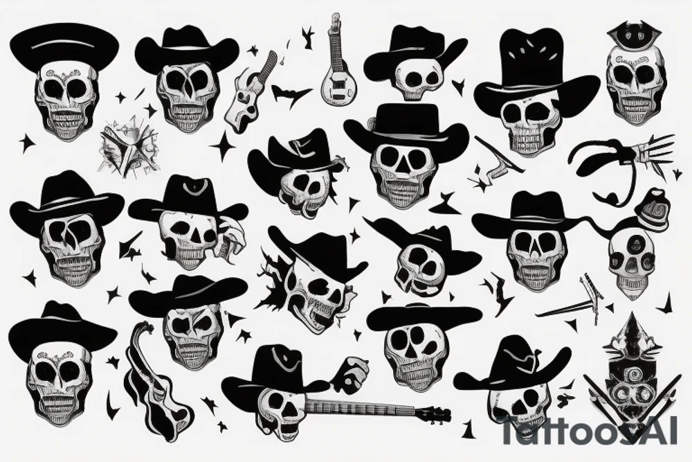 Skull cowboy holding guitar tattoo idea