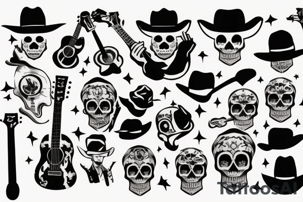 Skull cowboy holding guitar tattoo idea
