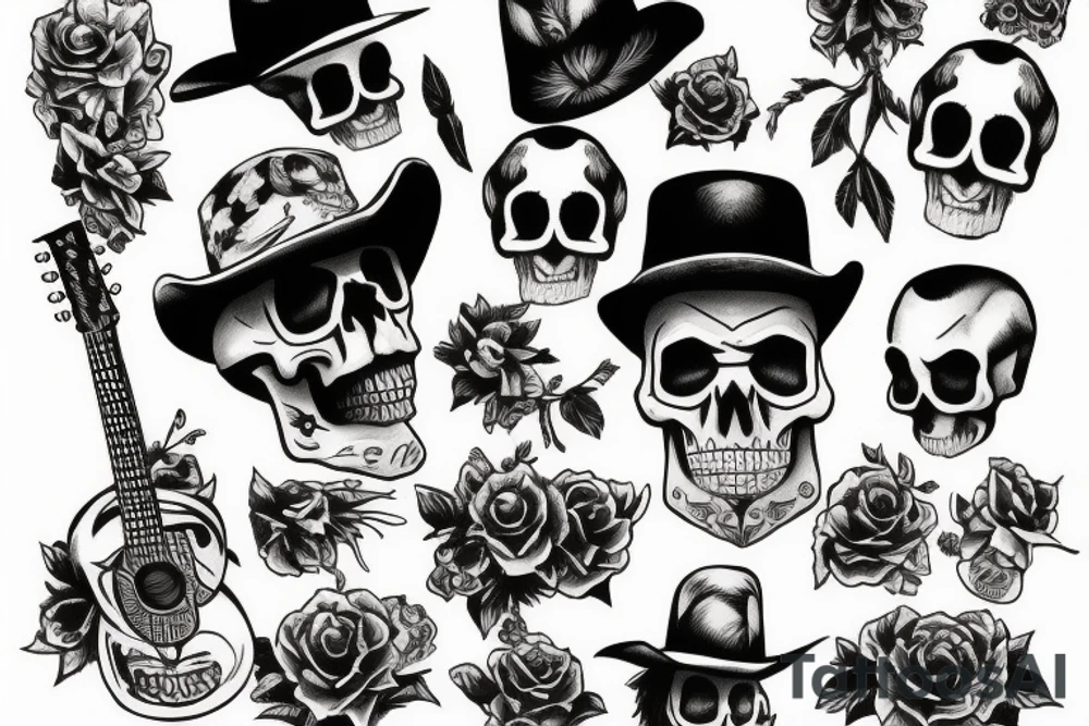 Skull cowboy holding guitar tattoo idea