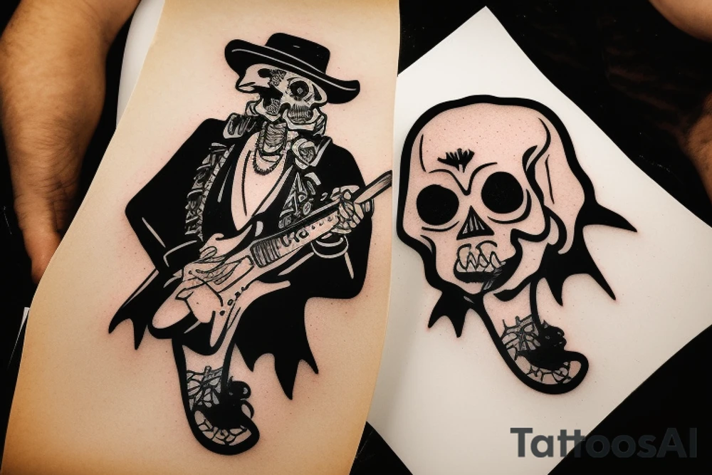 Skull cowboy holding guitar tattoo idea