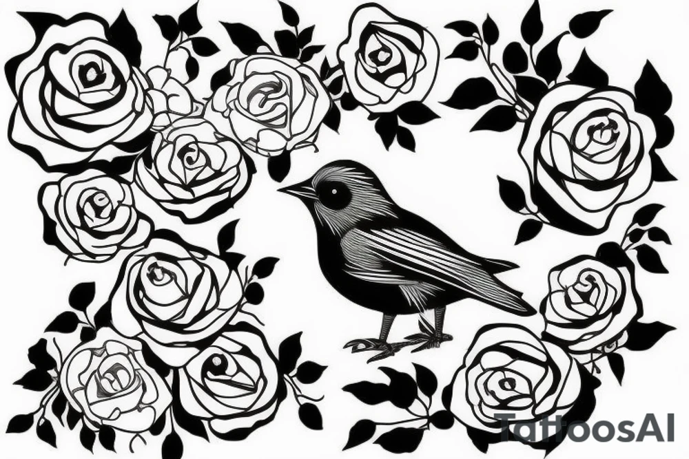 Negative space black and white Bird with roses inside the bird tattoo idea