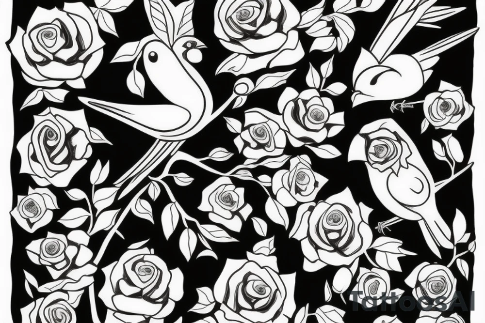 Negative space black and white Bird with roses inside the bird tattoo idea
