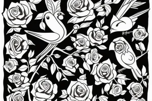 Negative space black and white Bird with roses inside the bird tattoo idea