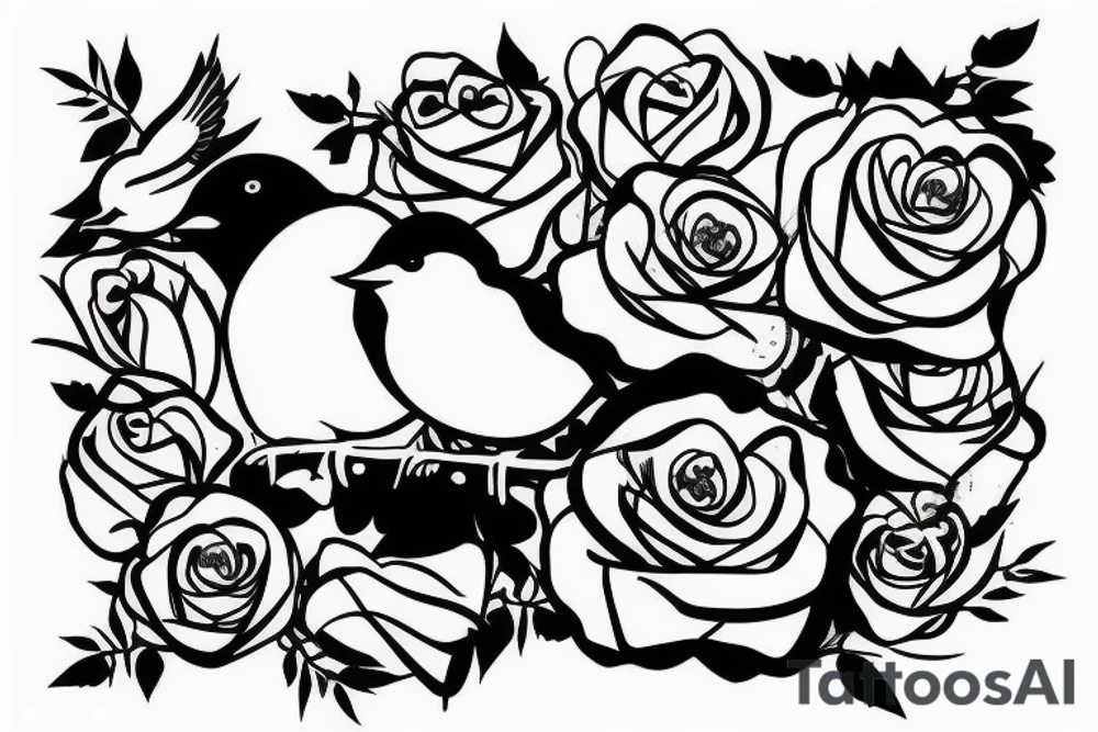 Negative space black and white one Bird with roses inside the bird tattoo idea