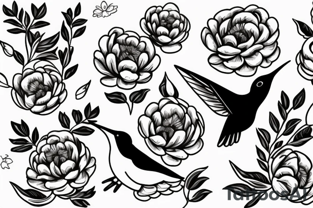 Negative space hummingbird with peonies tattoo idea