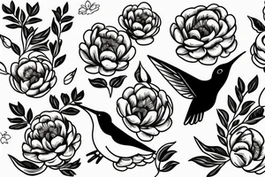 Negative space hummingbird with peonies tattoo idea