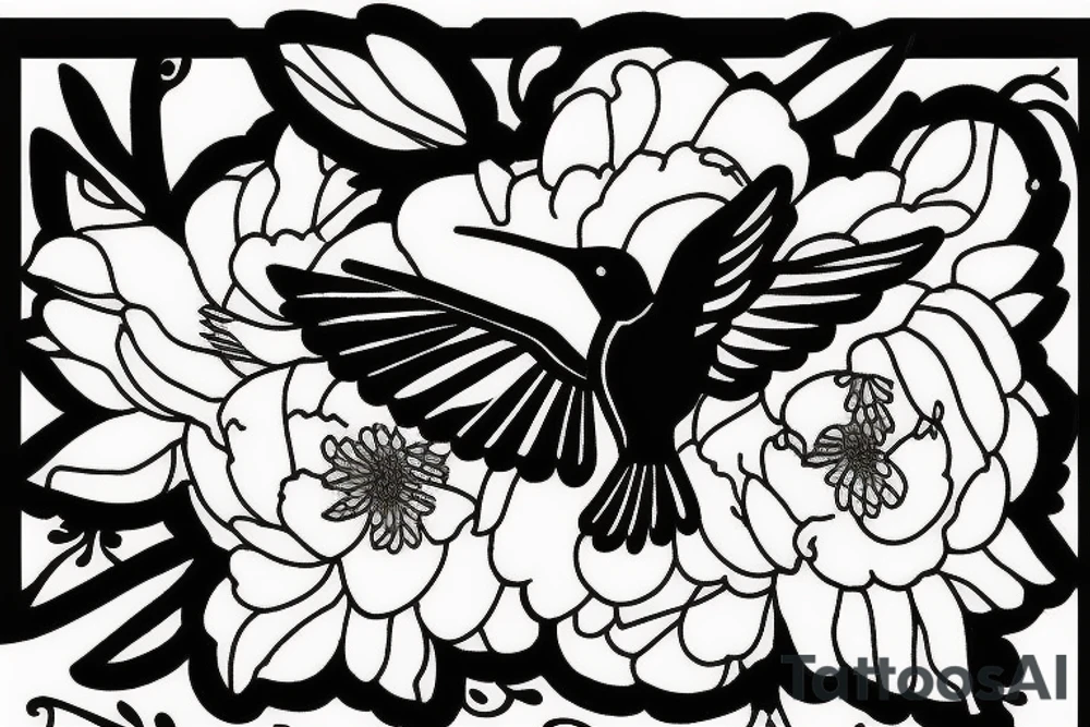 Negative space hummingbird with peonies tattoo idea