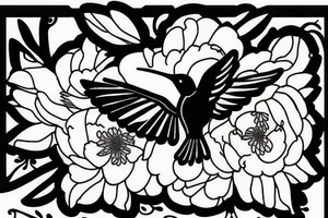 Negative space hummingbird with peonies tattoo idea