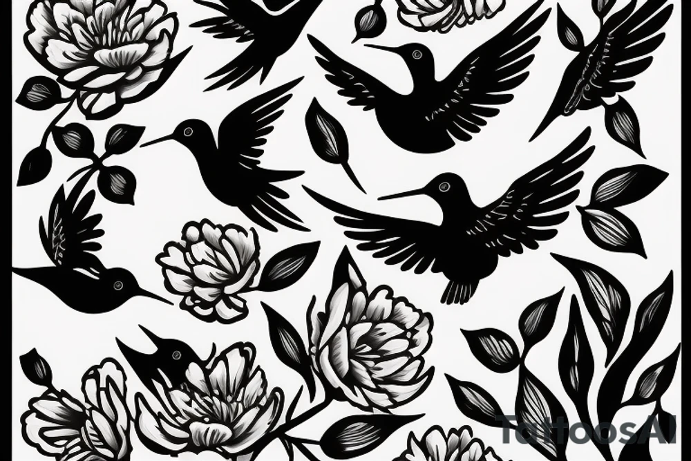 Negative space hummingbird with peonies tattoo idea