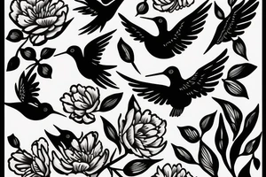 Negative space hummingbird with peonies tattoo idea