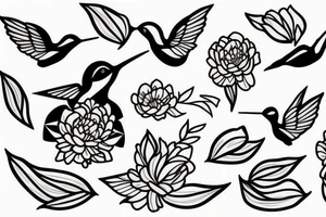 Negative space hummingbird with peonies tattoo idea