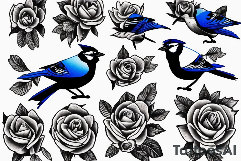 Negative space blue jay made of roses tattoo idea