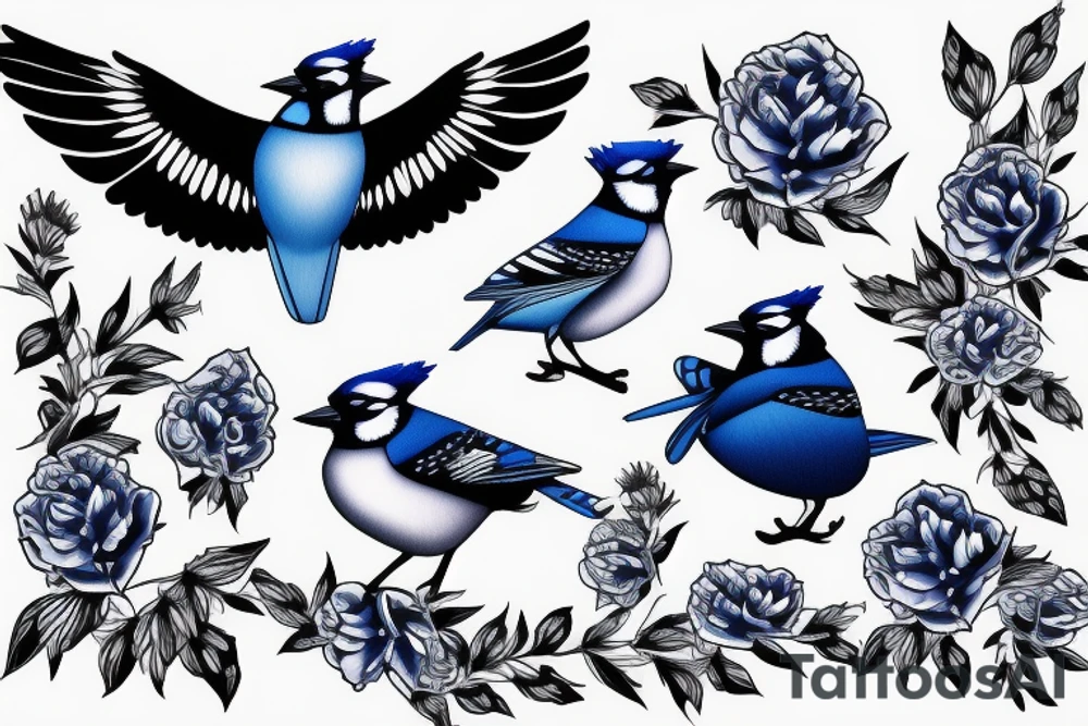 Negative space blue jay made of roses tattoo idea