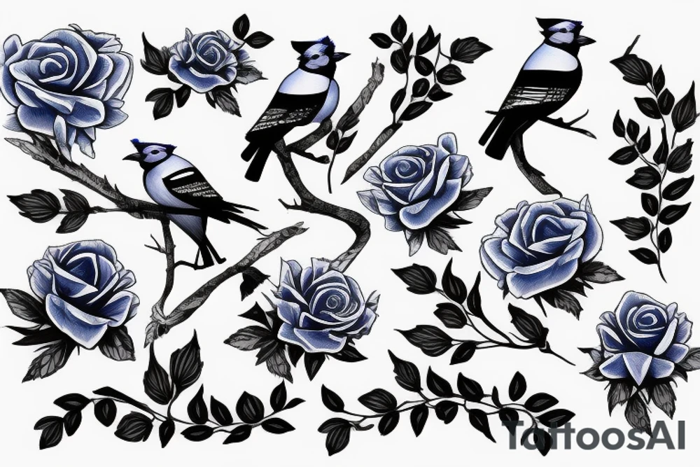 Negative space blue jay composed of roses tattoo idea