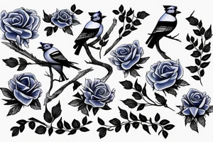 Negative space blue jay composed of roses tattoo idea