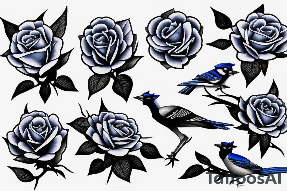 Negative space blue jay composed of roses tattoo idea