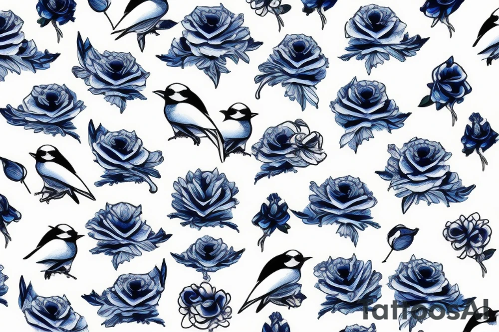 Negative space single blue jay composed of roses tattoo idea