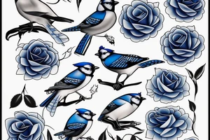 Negative space single blue jay composed of roses tattoo idea