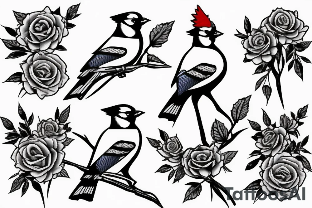 Negative space single blue jay outline composed of roses tattoo idea