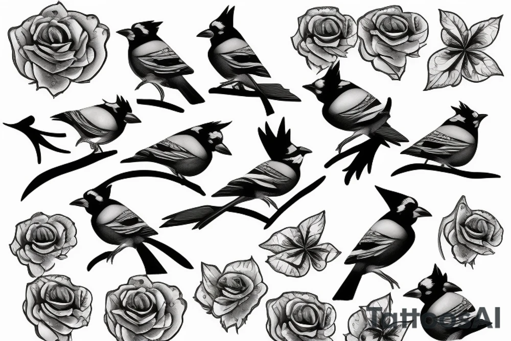 Negative space single black and white blue jay outline composed of roses tattoo idea