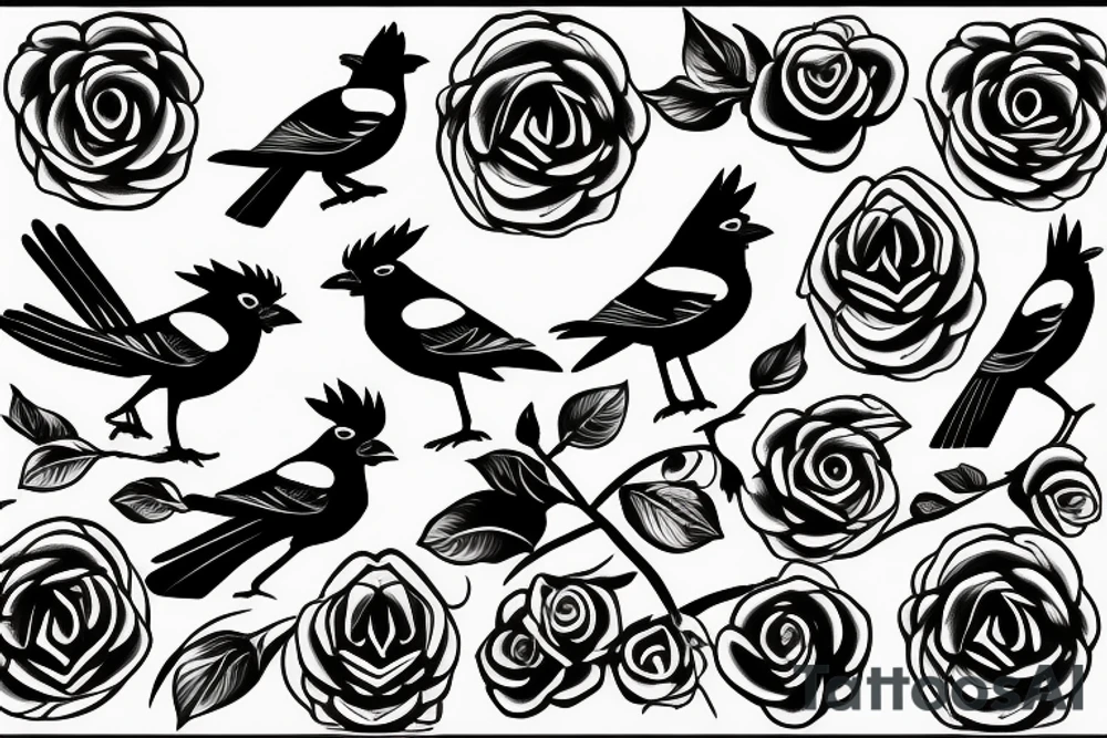 Negative space single black and white blue jay outline composed of roses tattoo idea