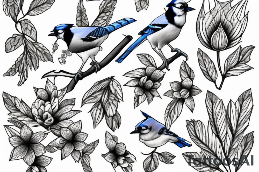 A single realistic blue jay in black and white but with flowers inside the blue jay tattoo idea