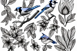 A single realistic blue jay in black and white but with flowers inside the blue jay tattoo idea