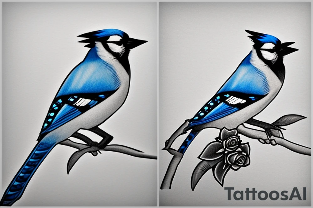 A single realistic blue jay in black and white but with flowers inside the blue jay tattoo idea