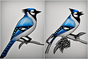A single realistic blue jay in black and white but with flowers inside the blue jay tattoo idea