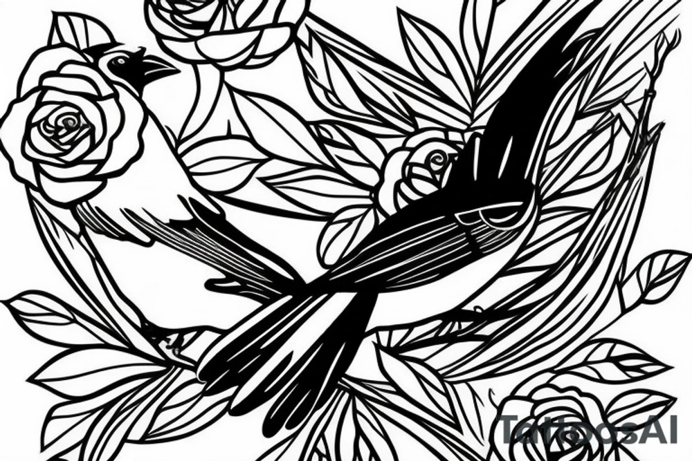 Negative space black and white tattoo of a blue jay flying. Inside the blue jay are roses. tattoo idea
