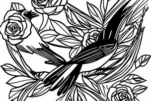 Negative space black and white tattoo of a blue jay flying.  Inside the blue jay are roses. tattoo idea