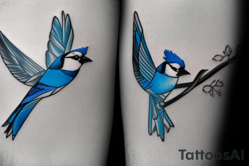 Negative space black and white tattoo of a blue jay flying. Inside the blue jay are roses. tattoo idea