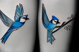 Negative space black and white tattoo of a blue jay flying.  Inside the blue jay are roses. tattoo idea