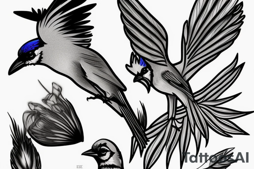 Realistic flying blue jay tattoo idea