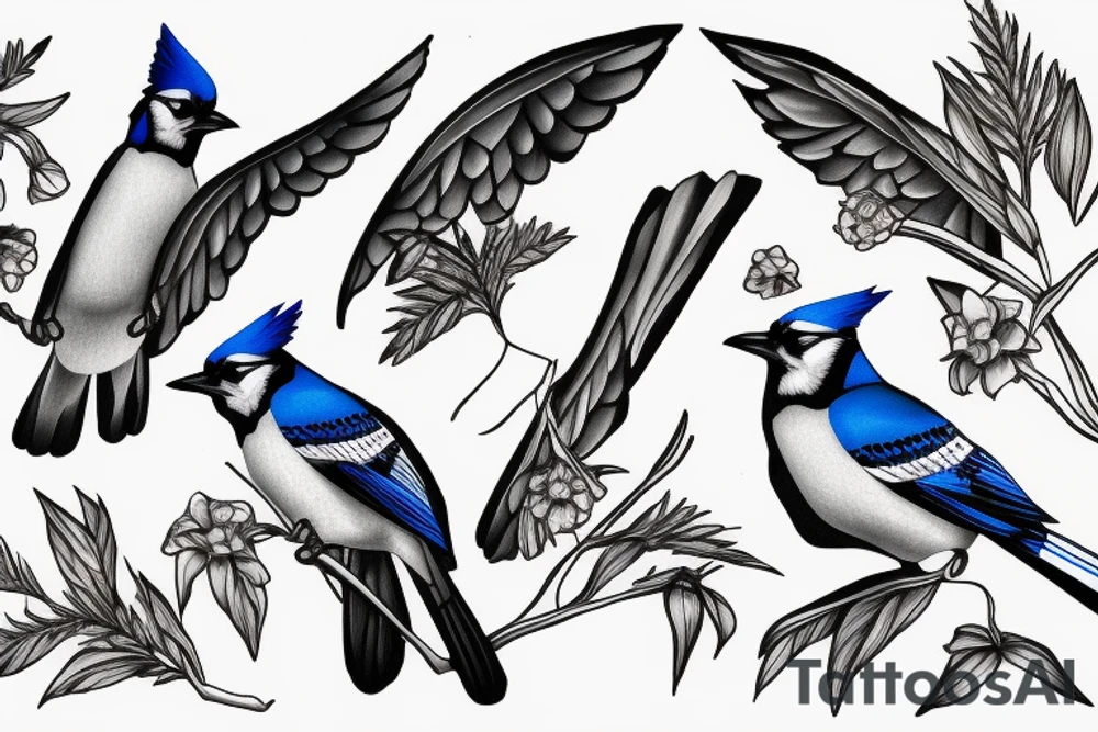 Realistic flying blue jay tattoo idea