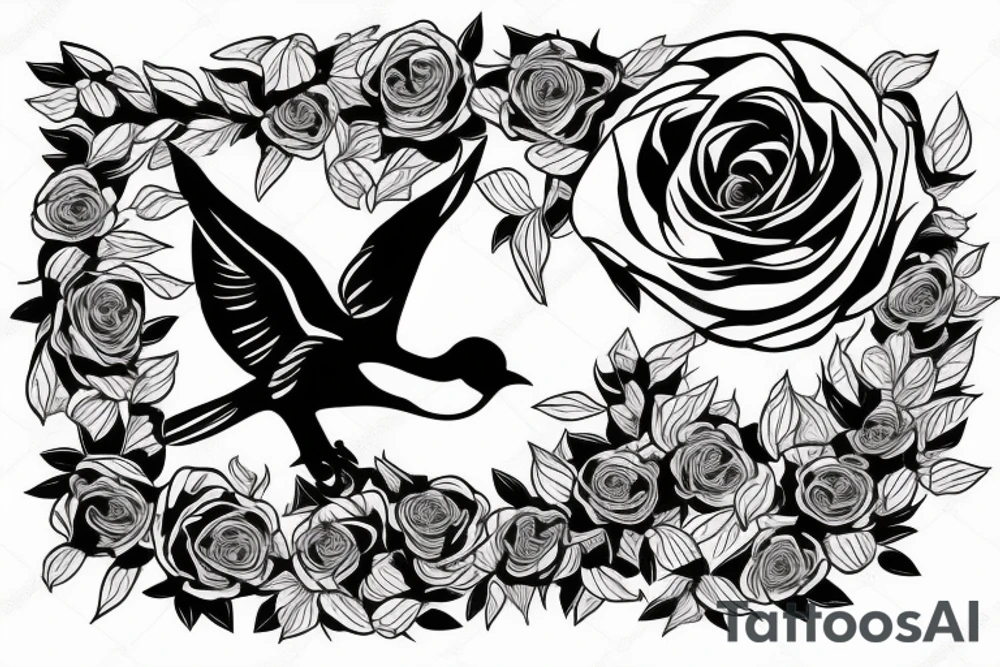 Realistic flying bird. Inside the bird are roses. tattoo idea