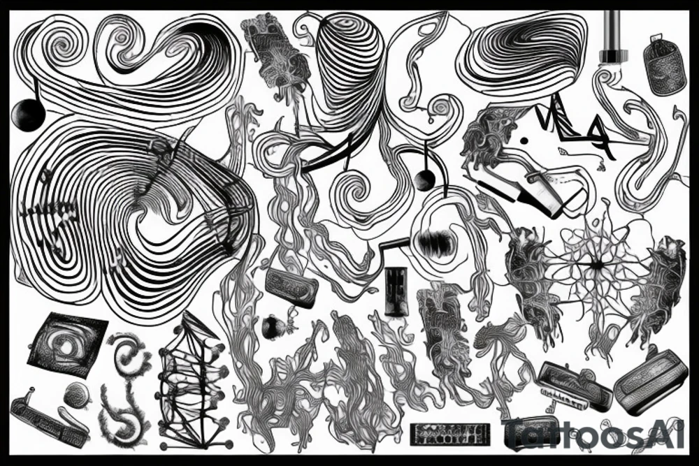 Minimalistic network of nerve cells and music waves tattoo idea