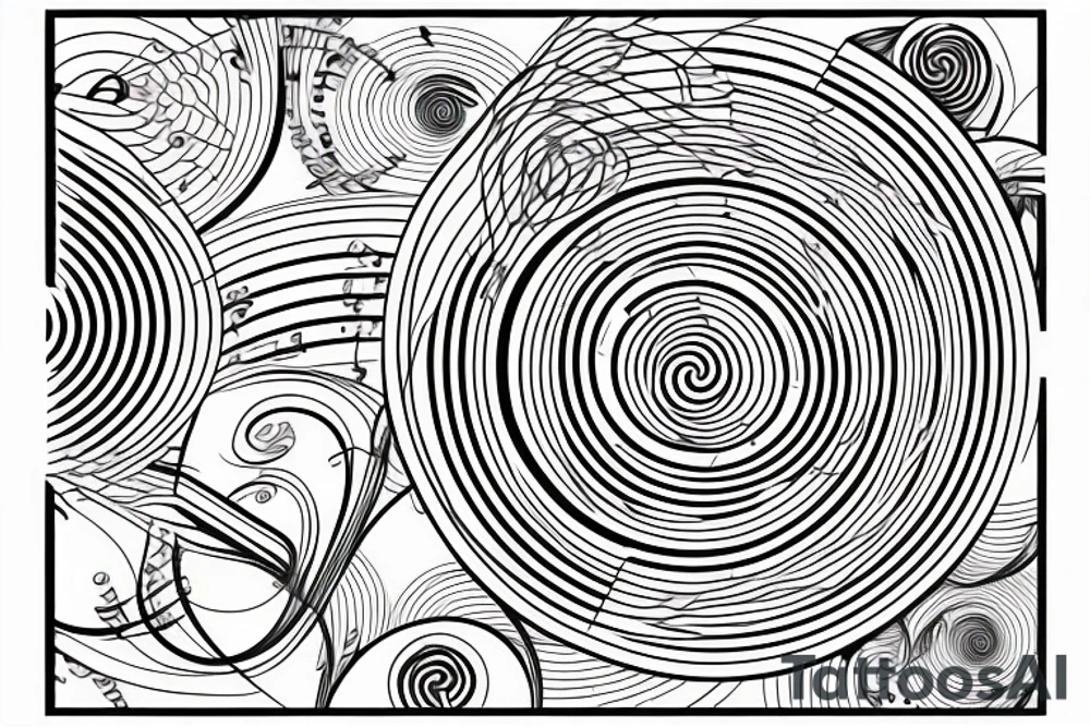 Spiral of Minimalistic music oscillations with a brain network in the middle tattoo idea