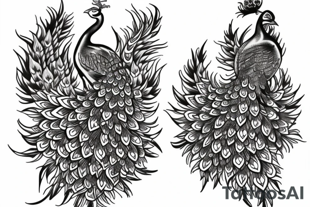 ornemental tattoo, full back tattoo, 2 peacock, bold lines tattoo idea