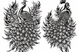 ornemental tattoo, full back tattoo, 2 peacock, bold lines tattoo idea