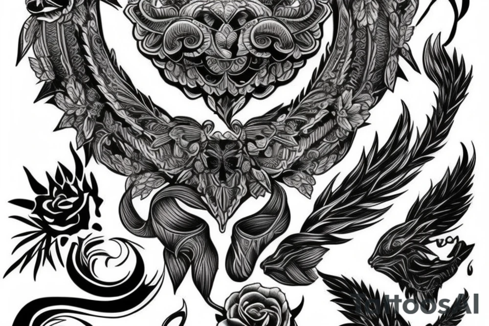 ornemental tattoo, full back tattoo, black bold lines tattoo idea