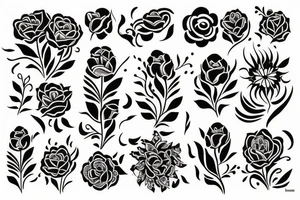 ornamental tattoo bold lines, helen hitori's style with flowers tattoo idea