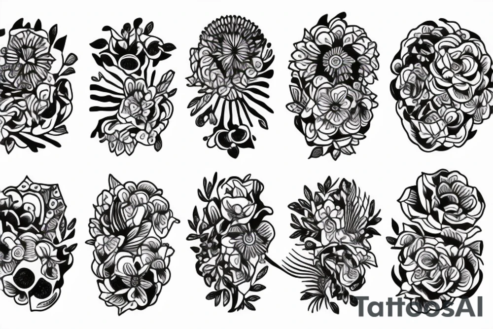 ornamental tattoo bold lines, helen hitori's style with flowers tattoo idea