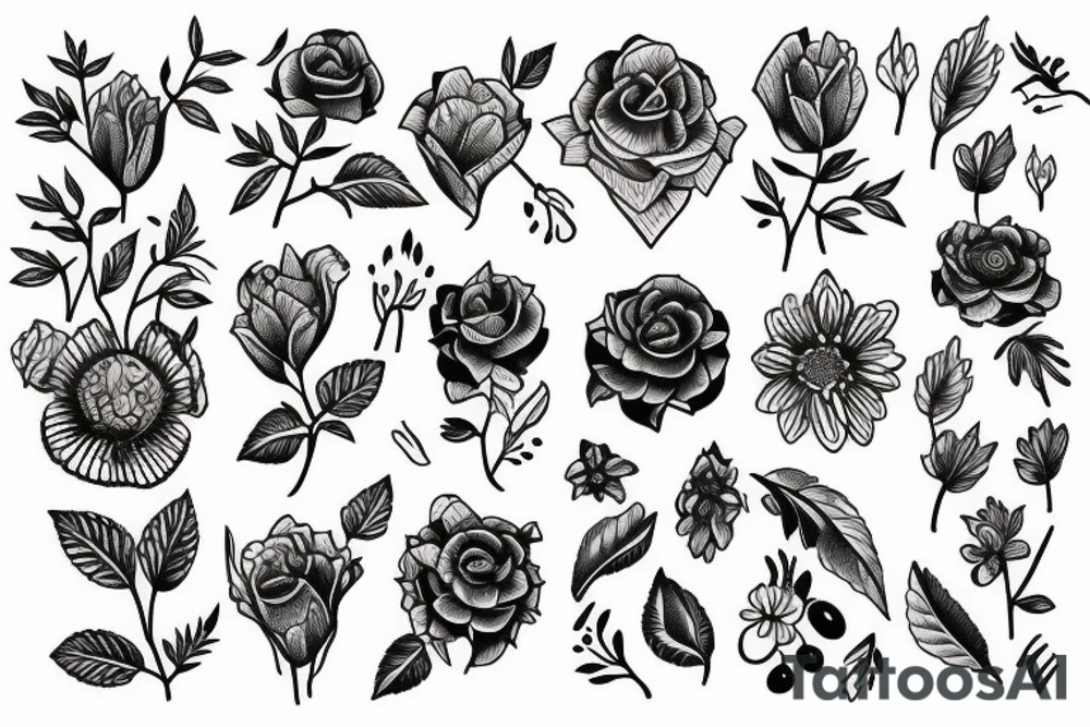ornamental tattoo lines, helen hitori's style with flowers tattoo idea