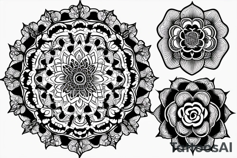 mandala with roses and peony tattoo idea