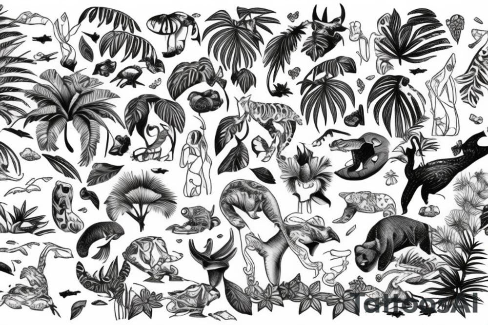 small jungle waterfall with wildlife tattoo idea