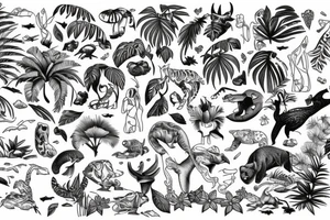 small jungle waterfall with wildlife tattoo idea