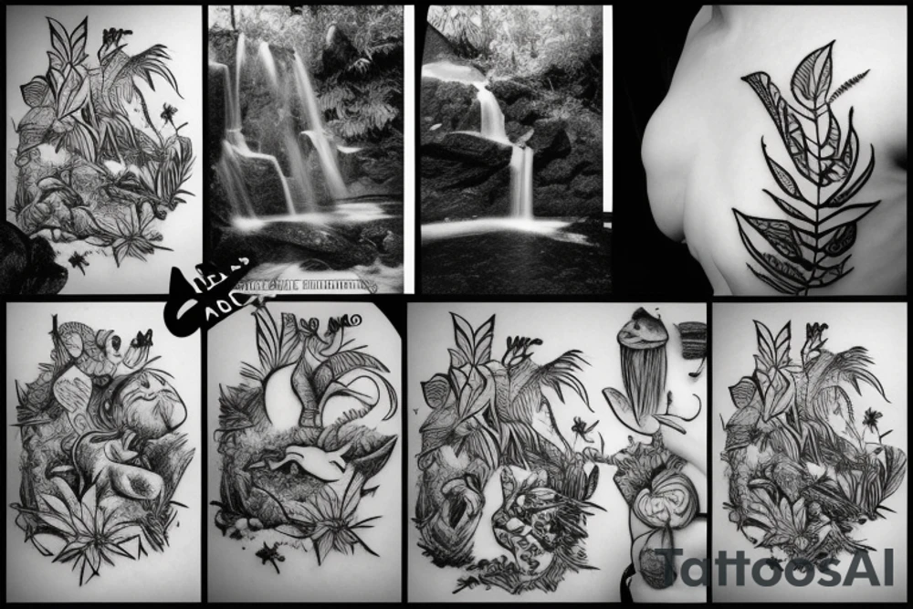 small jungle waterfall with wildlife tattoo idea